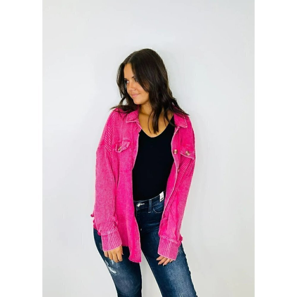 Meet You There Cotton Waffle Acid Wash Oversized Shacket in Hot Pink - Picture 2 of 3